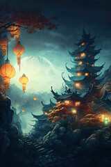 Fototapeta na wymiar Wonderful fairy tale landscape with a traditional chinese house on the mountains and glowing orange chinese lanterns on the tree, Chinese Lantern Festival, twilight scene, fantasy, moon, Generative AI