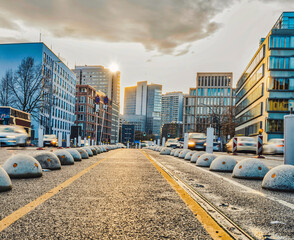 Berlin modern city skyscrapers during peak hour sunset, Germany