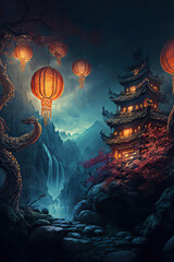 Wonderful fairy tale landscape with a traditional chinese house, mountains and glowing orange chinese lanterns, Chinese Lantern Festival, twilight scene, fantasy, Generative AI