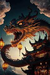 Wonderful fantasy chinese dragon with glowing eyes and open mouth above the traditional chinese houses in the sky, chinese lanterns, Generative AI