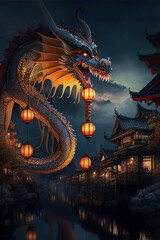 Fototapeta premium Chinese dragon with glowing lanterns in the sky above the chinese town and a lake, Chinese Lantern Festival, twilight fantasy scene, Generative AI
