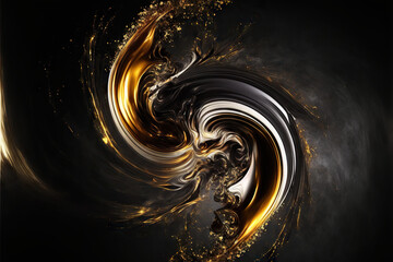 Elegant swirl background with smooth liquid flows, black, gold.