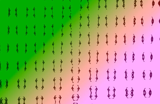 green pink purple horizontal background with gradient blur pattern, grid lines of black gothic hooks in parallel rows illusion of light and dimension