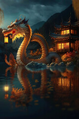 Obraz premium Wonderful fantasy landscape with a chinese dragon near the chinese house and the lake, twilight scene, fairy tale, Generative AI