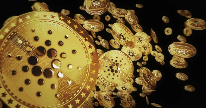 Cardano ADA cryptocurrency isolated flying between golden coins background. Rotating golden metal coins loop abstract concept pattern. Loopable and seamless 3d animation.