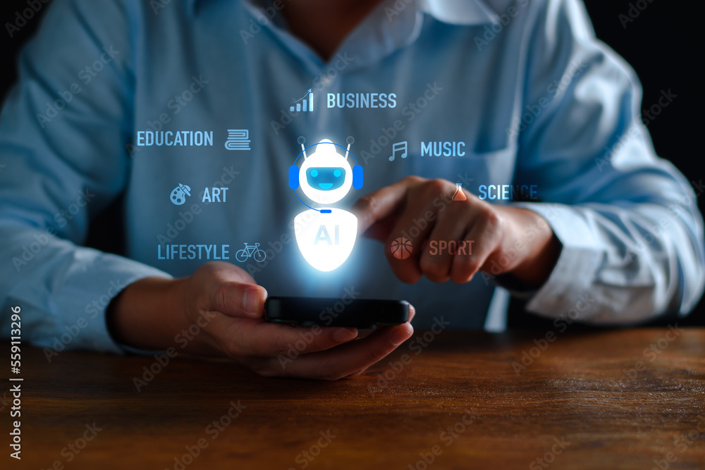 Poster ai learning and artificial intelligence concept. ai technology in everyday life. technology and peop
