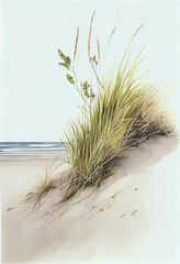 Watercolor depicting coastal dunes, beach Grass, sand, driftwood, calm ocean - generative ai