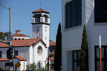 Daytime view of a historic church in the urban core of Costa Mesa, California, USA.