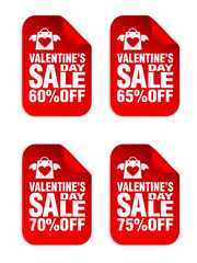 Valentines day sale red stickers set. Sale 60%, 65%, 70%, 75% off