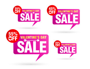 Valentines day sale tag speech bubble. Set of 25%, 35%, 45%, 55% off discount