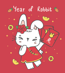 cute happy cartoon Chinese New Year Rabbit bunny girl with red pockets, doodle hand drawing illustration vector