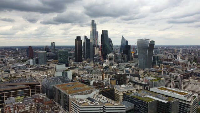 London City skyline Drone, Aerial, view from air, birds eye view, © steve