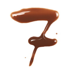 Spilled chocolate milk puddle in shape number 7, seven isolated on white background, top view