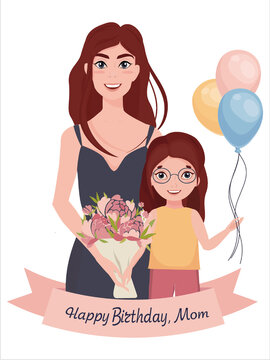 vector postcard image of mom and daughter. Birthday card, mother's day