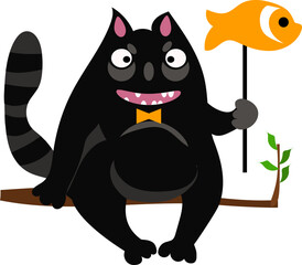 A fat black cat holds a fish-shaped balloon in its paw. Cartoon.