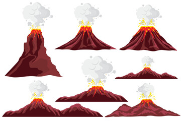 Vector illustration of an erupting volcano. Erupting volcano collection isolated. Volcanic natural disasters erupt with hot lava