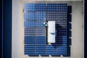 aerial view of solar panels taken from above PV modules put on flat roofs use photovoltaic solar panels to create electricity from sunlight, which is a renewable energy source. Generative AI