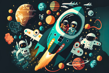 Illustration of space tourism using a planetary surface, future starships, and humans in spacesuits. Generative AI