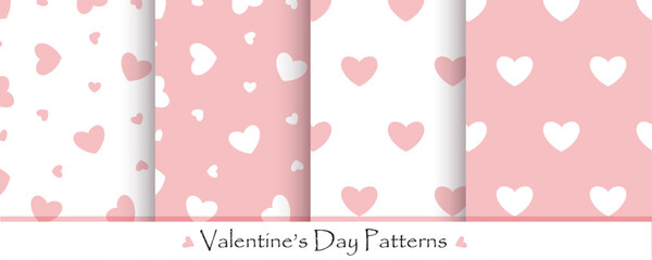 Valentine's day seamless pattern set. Cute Love set patterns with pink and white hearts.