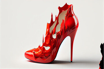 Melting women's shoes with high heels. Red shoes on a white background. AI generated.