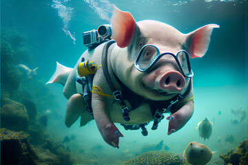 A pig in a snorkel mask swims underwater. AI generated.
