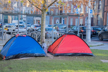 Fototapeta premium tents for homeless people in the city centre , dublin