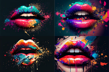 Abstract glowing female lips in splashes of colored lipstick and glitter. Dark background. AI generated.