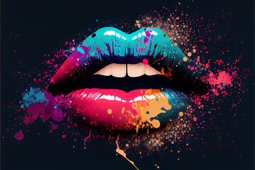 Abstract glowing female lips in splashes of colored lipstick and glitter. Dark background. AI generated. - obrazy, fototapety, plakaty