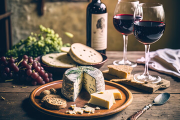 Close up of delicious cheeses and red wine on an antique wooden table. Generative AI