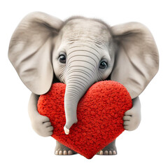 Cute adorable elephant holding a red valentine heart isolated on a transparant background - generative AI