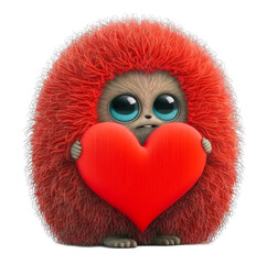 Cute adorable red furry fantasy monster holding a red valentine heart isolated on a transparant background - generative AI