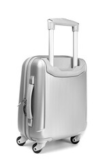 Trip isolated. Silver travel plastic suitcase or vacation baggag