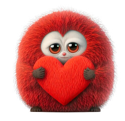 Cute adorable red furry fantasy monster holding a red valentine heart isolated on a transparant background - generative AI