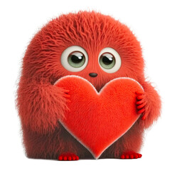 Cute adorable red furry fantasy monster holding a red valentine heart isolated on a transparant background - generative AI