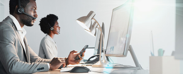 Customer support team, communication and computer consultant on telecom microphone, CRM software or IT customer service. Contact us call center, flare light and telemarketing black people consulting