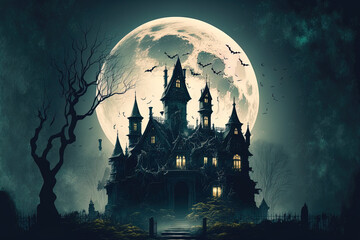 Halloween gloomy castle with a backdrop of the moon. Generative AI