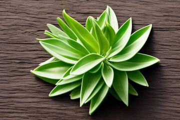 A succulent houseplant sits on a wood surface