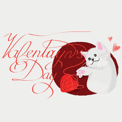 Cute Cat holding heart. Greeting card with kitten. Vector illustration. Valentine day figure. Vector artwork for children wear in custom colors. T-shirt print. Kid graphic. Hand draw animal. Love