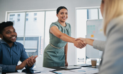Business people, woman and handshake at meeting, planning and chart on board for target, success or...