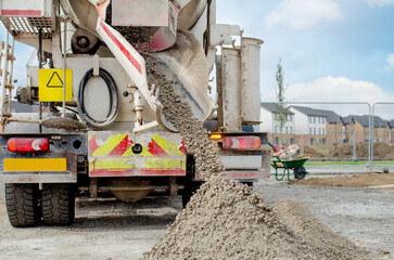 Concrete delivered to the construction site and discharged from the concrete mixing wagon truck