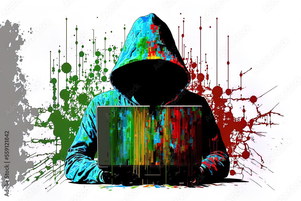 Poster high resolution jpeg image of an illustration of a hacker on a white backdrop. generative ai