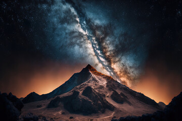 Milky Way galaxy over a mountain, captured in a long exposure with grit. Generative AI