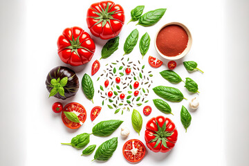 Top view of a composition with tomatoes and spices isolated on a white background. Generative AI