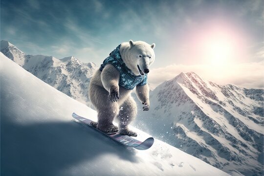 Polar bear snowboarding down the snowy mountains generative ai
