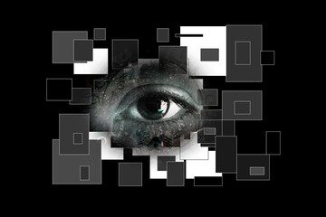 Female eye and black matrix, artificial intelligence