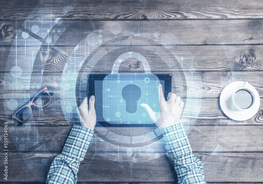 Poster concept of computer access with media lock icon on tablet screen