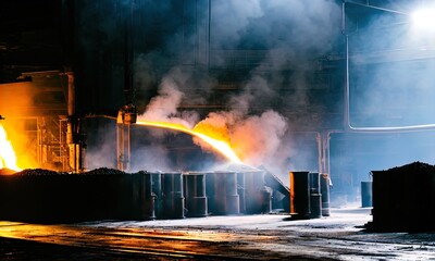 A giant metal factory with molten metal being worked on.	