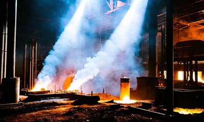 A giant metal factory with molten metal being worked on.	