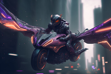  Colorful surreal futuristic flying motorcycle in a night city. Generative AI. Flying motorcycle of the future. The most beautiful flying bike.