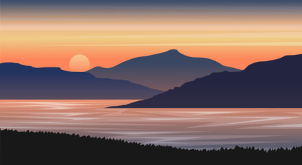 Nature landscape mountain with lake at sunset vector